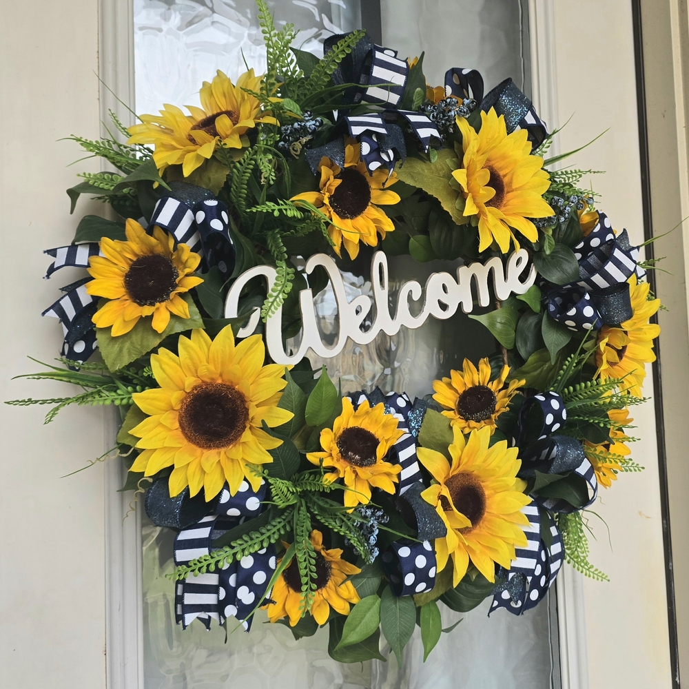 Sunflower Welcome Wreath with Navy Ribbons, Wood